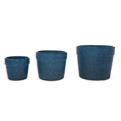 VisioGear 3PCS Ceramic Flowerpot, Modern Planter for Patio, Garden, Windowsill, Antique Blue, 15"*15"*13"