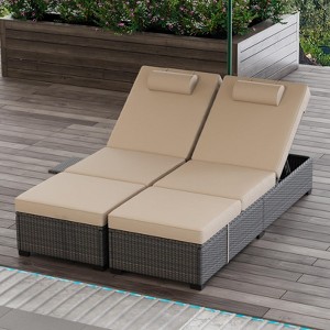 Reclining Patio Lounge Chairs Set of 2, Brown Wicker with Blue Cushions for Outdoor, Poolside, Indoor Use - 1 of 3
