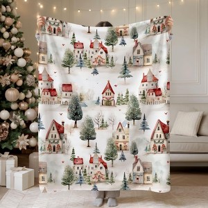 Christmas Village Flannel Blanket,Nostalgic Snowy Winter Trees Christmas Gift. - 1 of 3