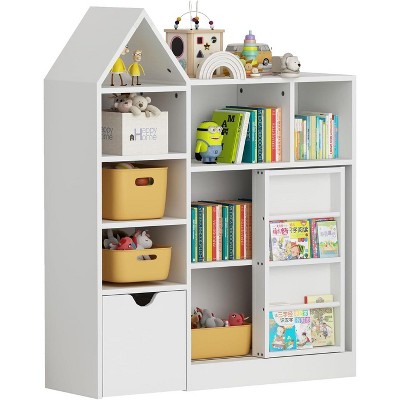 Homhougo Toy and Book Organizer for Kids, Kids Toy Storage Organizer & Bookshelf, Multifunctional Storage Chest with Movable Drawers, White