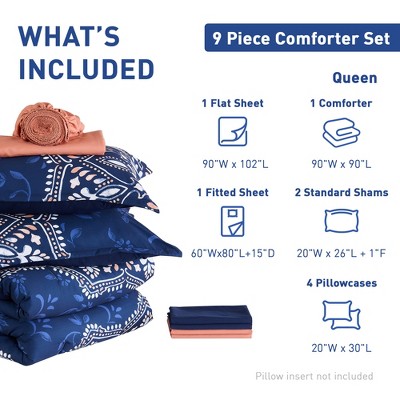 Regency Heights 9 Pcs BIAB Botanical Print Comforter Set, Premium Touch Boho Style Bed in a Bag Durable Bed Set for Year-Round Use, Navy, Queen — фото 7