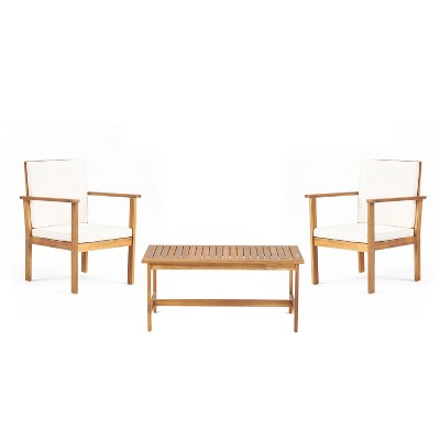 Racxily 3pc Patio Dining Sets, Acacia Wood Club Chairs and Coffee Table Set with Cushions, Garden Seating