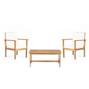 Racxily 3pc Patio Dining Sets, Acacia Wood Club Chairs and Coffee Table Set with Cushions, Garden Seating - 1 of 4