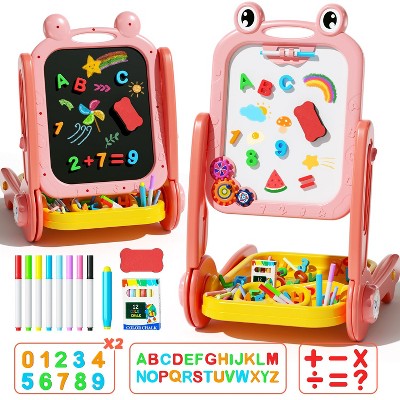 Skirfy 4-in-1 Portable and Adjustable Toy Easel, Magnetic Drawing Board with Gear Drive and Storage,Pink