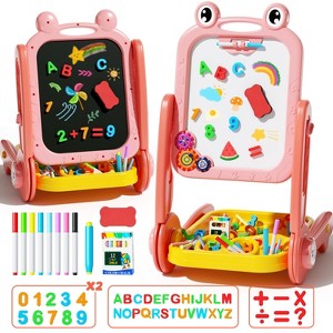 Skirfy 4-in-1 Portable and Adjustable Toy Easel, Magnetic Drawing Board with Gear Drive and Storage,Pink - 1 of 4