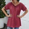 Anna-Kaci Women's Short Sleeve Peasant Blouse with Lace Trim Sleeves and Tie Neckline - 2 of 4
