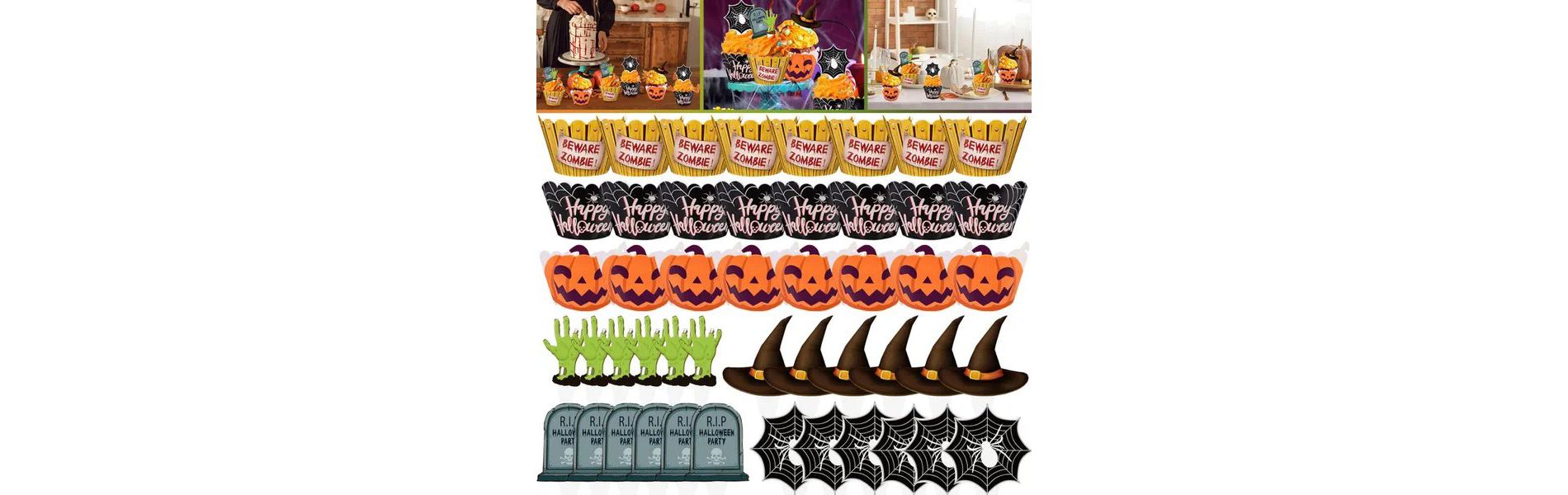 48Pcs Halloween Cupcake Toppers Wrappers Spider Web Pumpkin Zombie Disposable Artistic Bake Paper Cups for Theme Party Kitchen Cupcake Baking Supplies