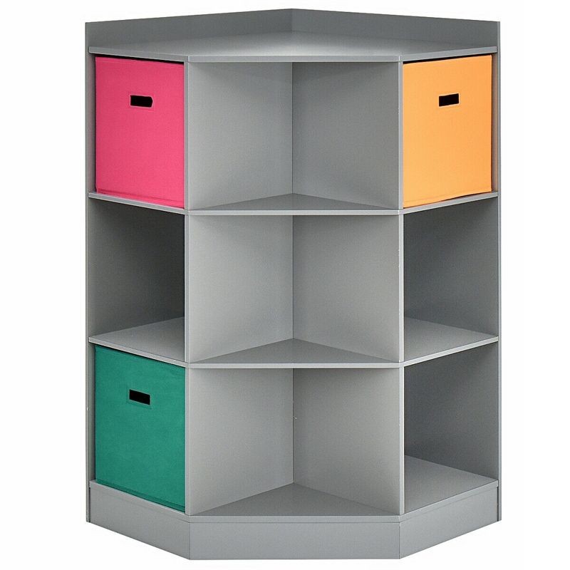 Costway 3-Tier Kid Storage Shelf Cubes w/3 Baskets Corner Cabinet Organizer Gray, 1 of 11