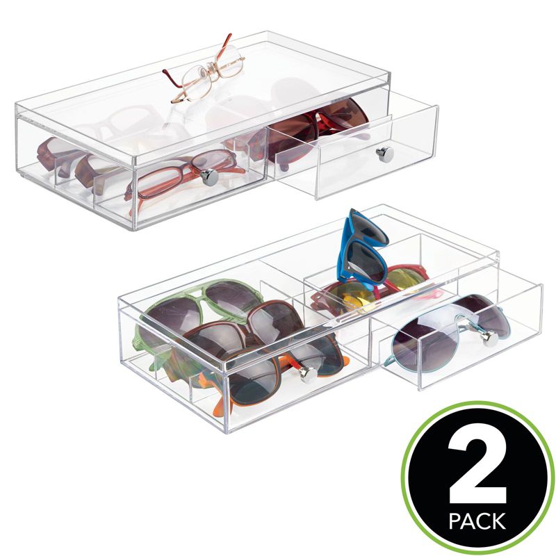 mDesign Plastic Glasses Storage Organizer Box with 2 Drawers, 2 Pack, 2 of 10