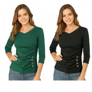 INSPIRE CHIC Women's V Neck 3/4 Sleeves Solid Knitted Buttons Decor Ruched Blouse 2 Packs - 1 of 4