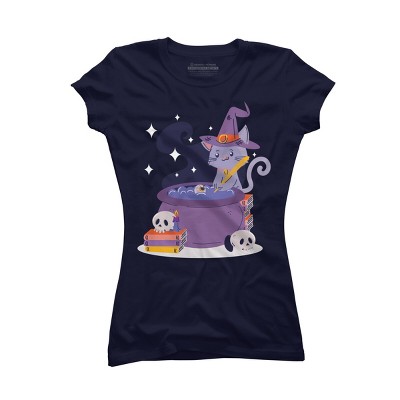 Junior's Design By Humans Halloween Kitty Cauldron By machmigo T-Shirt