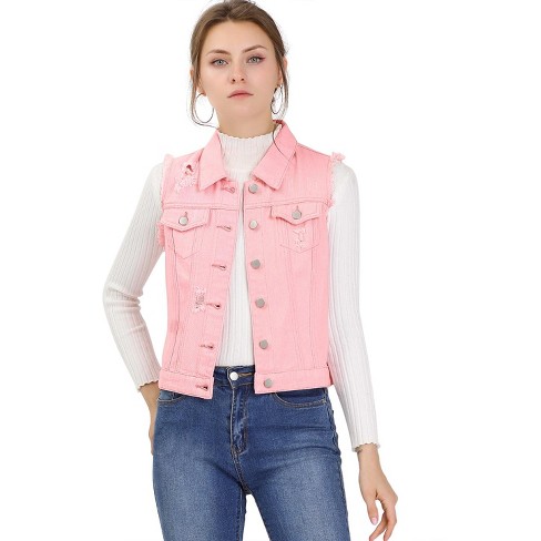 Allegra K Women s Turn Down Collar Button Closure Sleeveless Washed Distressed Denim Vest Pink Medium Target