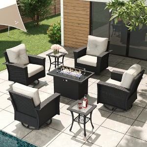 LayinSun Wicker Patio Furniture Set with Fire Pit Table, Classis Outdoor Conversation 360 Degree Swivel Chairs Set with Coffee Table - 1 of 4