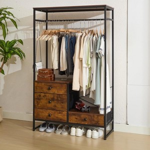 Freestanding Closet Organizer, Heavy Duty Garment Rack for Hanging Clothes, Industrial Clothing Racks with 4 Fabric Drawer, Rustic Brown - 1 of 4