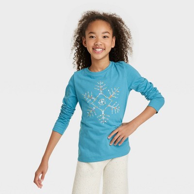 Girls' Long Sleeve 'Snowflake' Graphic T-Shirt - Cat & Jack™ Aqua Blue 