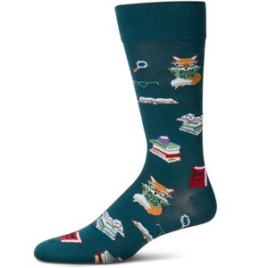 Memoi Men's "Book Nerd" Rayon Blend Novelty Crew Sock Dark Spruce 10-13 - 1 of 4