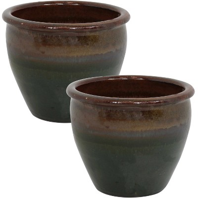 Sunnydaze Chalet Outdoor/Indoor High-Fired Glazed UV- and Frost-Resistant Ceramic Pots with Drainage Holes - 12" Diameter - Forest Lake Green - 2-Pack