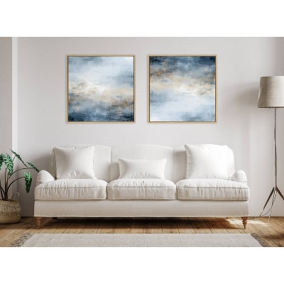 Tonal Blue Abstract Canvas Wall Art with Natural Frame