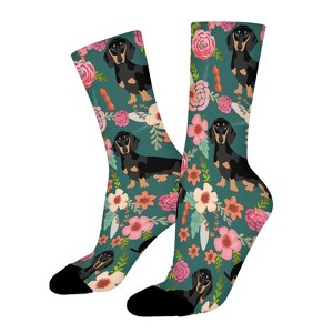 Dachshund Flowers Women Printed Crew Socks Funny Funky Socks Soft Polyester Novelty Gifts for Artists Men - 1 of 1