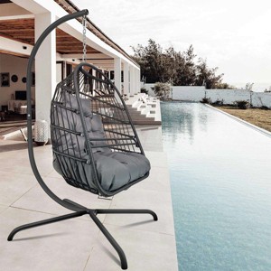 1 Piece Hanging Basket Chair Rattan and Metal Frame with Stand Foldable Seat and Cushion for Patio or Indoor Use - Coolbibila - 1 of 4