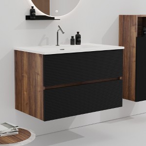 Akoasm 30 Inch Floating Bathroom Storage Cabinet With Integrated Ceramic Sink-Black+Walnut - 1 of 4