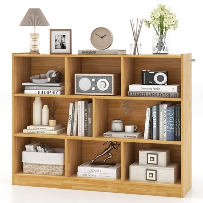Tangkula Wood Storage Cube Bookcase 3 Tier 8 Cube Open Shelf Storage Cabinet with Anti-Toppling Devices Multipurpose Bookshelf Natural/Burlywood/Oak Grey/White