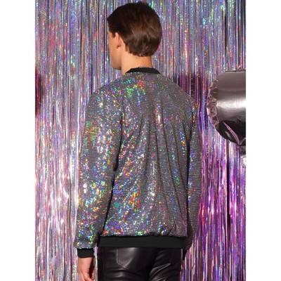 Lars Amadeus Men's Zip Up Long Sleeves Disco Sparkle Sequin Bomber Jacket Silver X Large — фото 3