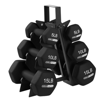 HolaHatha Hex Dumbbell Weight Training Home Gym Equipment Set with 5, 10, and 15 Pound Fitness Hand Weights and Storage Organization Rack, Black