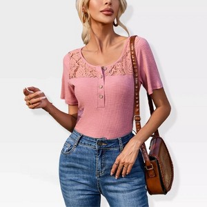 Womens Lace Hollow Tunic Tops Short Sleeve Ribbed Knit Elegant Retro Design T-Shirts Scoop Neck Front Button Neckline Tops,Pink - M - 1 of 4