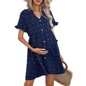 Maternity Swiss Dot Dress Summer V Neck Short Sleeve Button Down Mini Dress Baby Shower Photoshoot with Pockets - 1 of 4