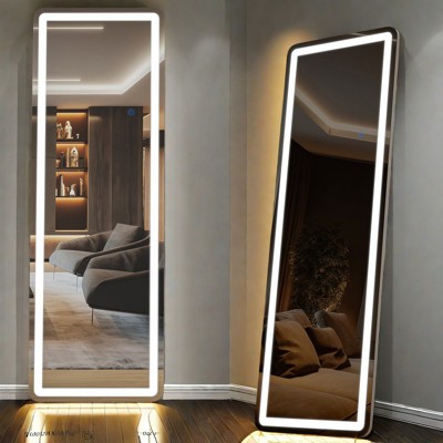 GlasFlength Full Length Mirrors 3 Color Lighting Mirror with Lights, Floor Standing Mirror with Stand, Wall Mounted Hanging, Square White, 64"*12"*21"