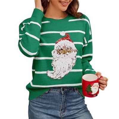 Coolmee Women’s Casual Sweaters Knitted Pullover Striped Christmas Sweaters Long Sleeve Crew Neck Sequin Santa Clause Jumper Tops M Green