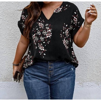 Women's Floral Print V Neck Blouse - Plus - Supreme Fashion