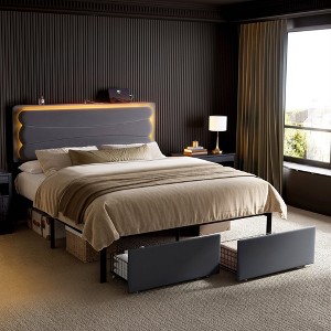 WOWLIVE Upholstered Bed Frame with Adjustable Headboard and 2 Storage Drawers, Velvet Platform Bed Frame with Charging Station and LED, Beige & Grey - 1 of 4