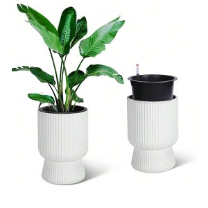 Set of 2 Self-Watering Planters (14") with drainage holes & water monitor. Perfect for patio, porch, living room, or home office. - 1 of 4