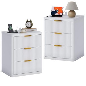 EcoSummer 2 Pack Fluted Bedside Table with 3 Drawers Storage, White Bedside Table Nightstand for Bedroom or Living Room Organization - 1 of 4