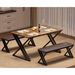 Dining Table with 2 Benches, Kitchen Table Set for 4, 3 Piece Dining Table Set for Apartment, Kitchen, Dining Room, 0.75'' Inch Cusion, Brown - 1 of 4