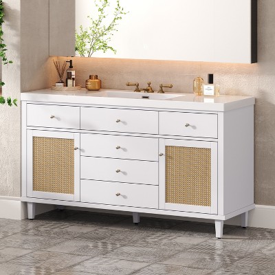 KWPZQEB 60" Bathroom Vanity with SMC Sink, Freestanding Vanity Cabinet with 2 Rattan Doors, 3 Hole Sink & 5 Drawers, Large Bath Vanity Sink Combo