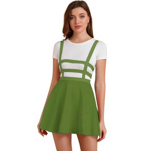 Allegra K Women's Pleated A-line Elastic Waist Mini Braces Suspender Skirt  Army Green Small : Target