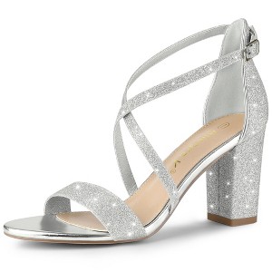 Allegra K Women's Glitter Buckle Closure Crisscross Strap Block Heels Sandals - 1 of 4
