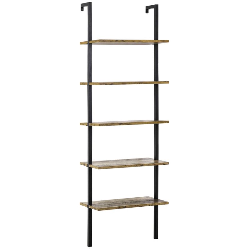 HOMCOM Industrial 5 Tier Ladder Shelf, Wall Mount Storage Shelves Bookcase with Metal Frame, Corner Unit, Plant Flower Rack for Living Room, Brown, 4 of 7