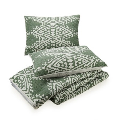 Aisha Green and Gray Cotton King Quilt Set