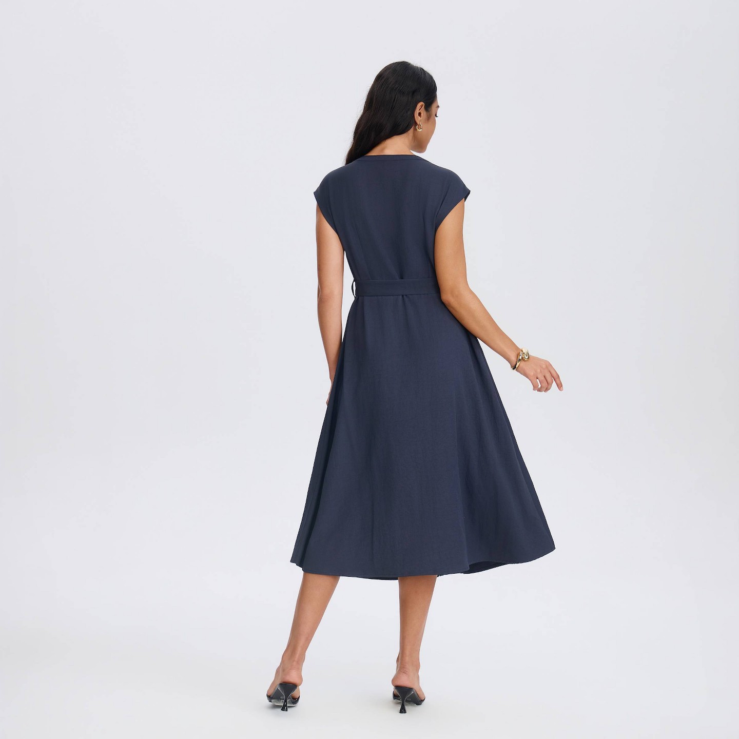 Женское платье A New Day Cap Sleeve Belted Button-Down Midi Shirtdress, цвет: Тёмно-синий — фото 2