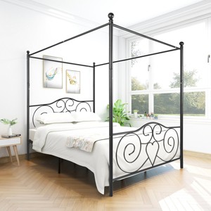 KTMBDW Full/Queen Canopy Bed Frame , Four Poster Bed, Platform with Built-in Headboard Strong Metal Slat Mattress Support, Black - 1 of 4