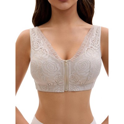 INSPIRE CHIC Women's Lace Zip Front Closure Full Coverage Wirefree Wide Straps V Back Padded Bras