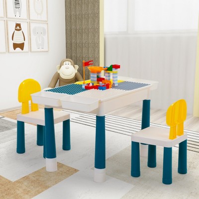 DOMETOUR All-in-One Kids Activity Table and Chairs Set, Building Block Table with 100Pcs DIY Blocks Toys, Study Desk for Toddlers
