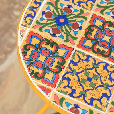 Yellow Ceramic Tile Mosaic Outdoor Side Table with Iron Frame