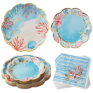 Kate Aspen Beach Party 62 Piece Coastal Party Tableware Set, Birdal Shower Decorations Plates & Napkins, Vibrant Floral Nautical (16 Guests) - 1 of 4