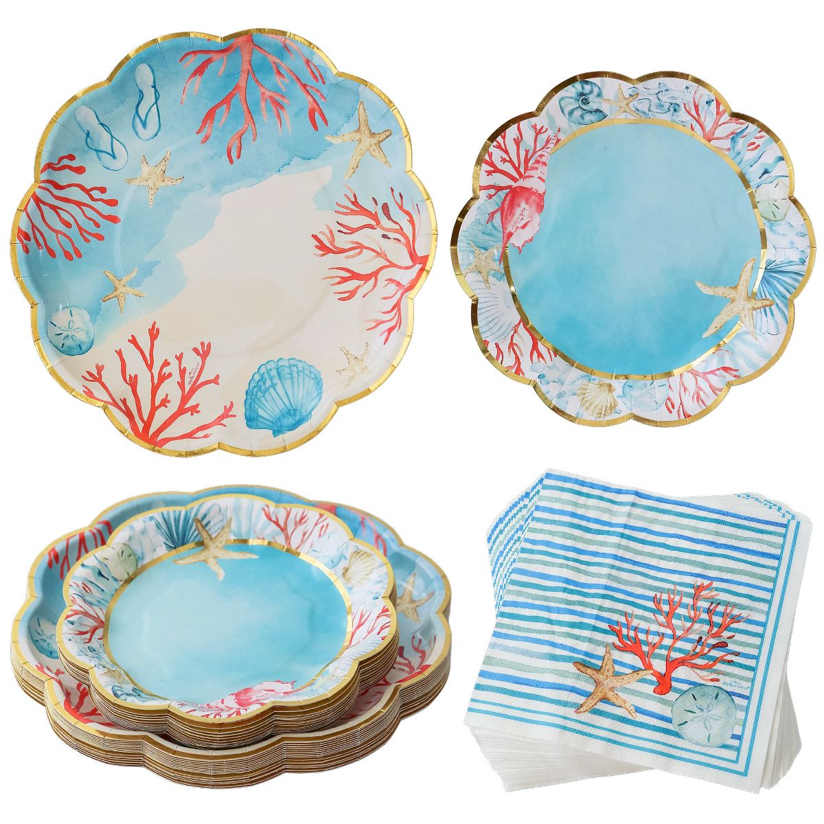 Kate Aspen Beach Party 62 Piece Coastal Party Tableware Set, Birdal Shower Decorations Plates & Napkins, Vibrant Floral Nautical (16 Guests)