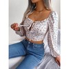 Womens Floral Tops Long Sleeve Bustier Blouse Cropped Tops Front Tie Ruffled U Neck Blouse - 4 of 4